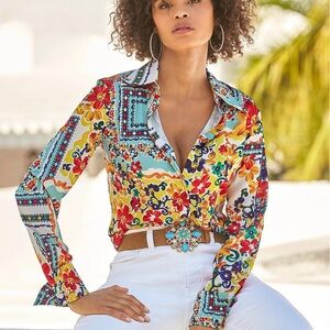 Boston Proper La Dolce Scarf Print Sophia Button Up Charmeuse Blouse Womens 8